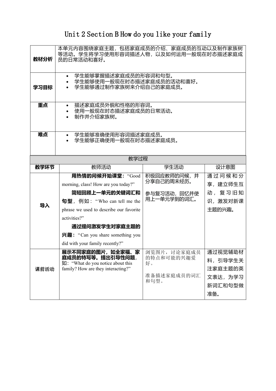 人教版（2025）七上Unit 2 Section B How do you like your family？教学设计.docx_第1页