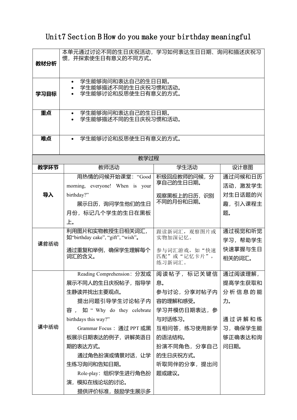 人教版（2025）七上Unit7 Section B How do you make your birthday meaningful？教学设计.docx_第1页