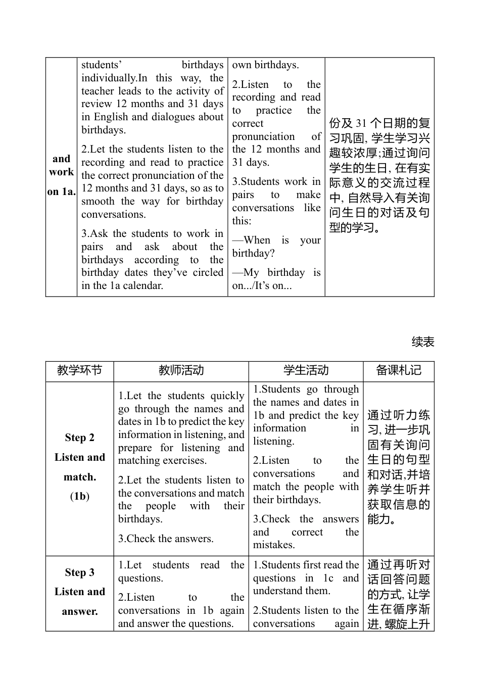 人教版（2025版）七年级上册Unit 7 Happy Birthday教案（表格式，4课时）.docx_第2页