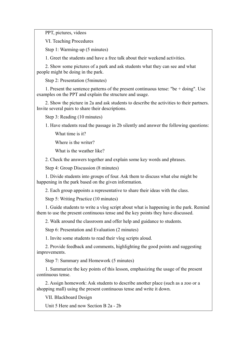 Unit 5 Here and now Section B 2a - 2b 英文版教案 （人教版七下）.docx_第2页