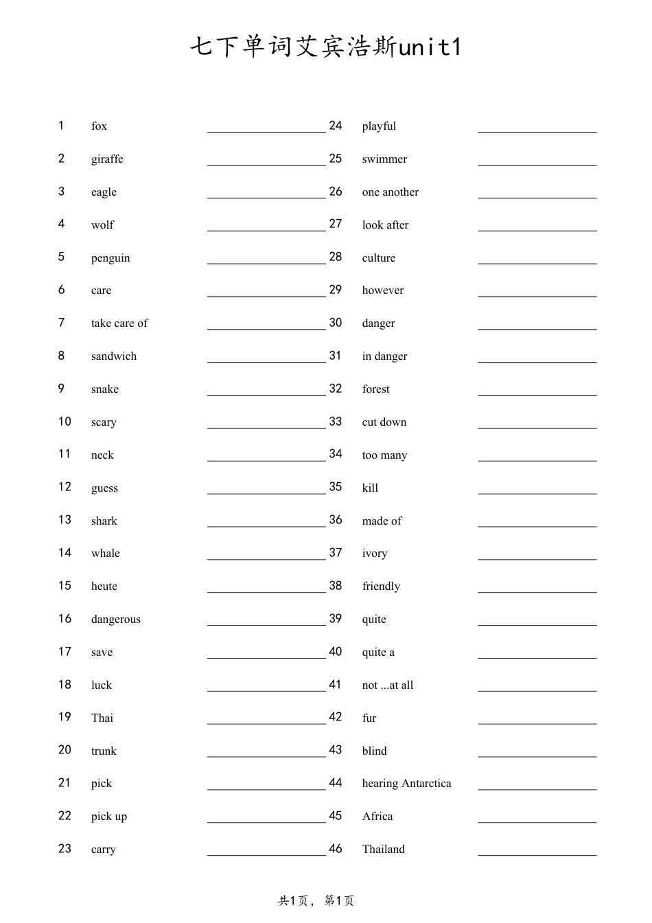 unit1英译汉横线（人教版七下）.pdf_第1页