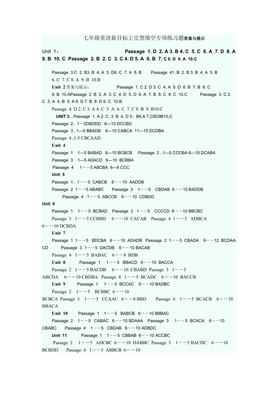 七年级英语新目标上完型填空专项练习题答案与提示.docx_第1页