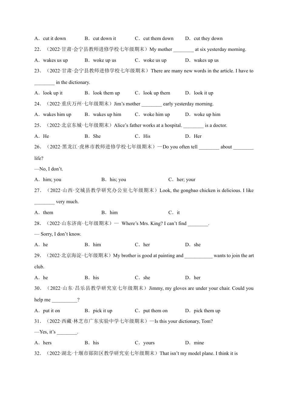 重点语法复习：代词（人称代词 物主代词和指示代词）100题(期末真题+名校模拟)--期末复习（人教版）.docx_第3页