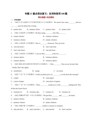 重点语法复习：名词和冠词100题-七年级英语上学期期末复习查缺补漏冲刺满分（人教版）.docx