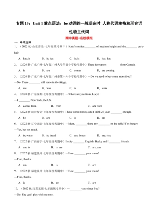 Unit 1重点语法：be动词的一般现在时 人称代词主格和形容词性物主代词-七年级英语上学期期中复习查缺补漏冲刺满分（人教版）.docx