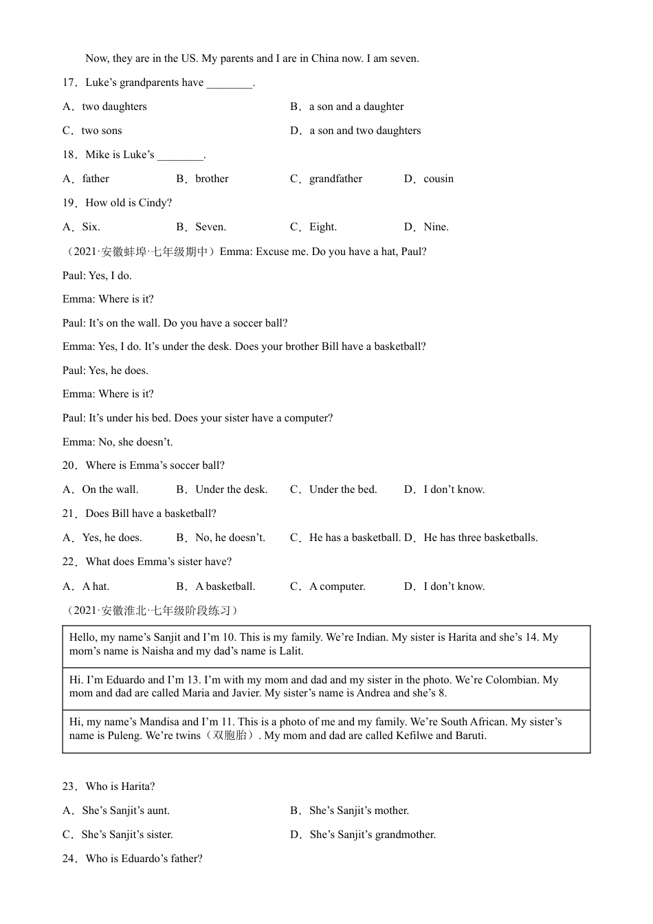 Unit 2 单元话题阅读理解专项练习-七年级英语上册单元重难点易错题精练（人教版）.docx_第3页