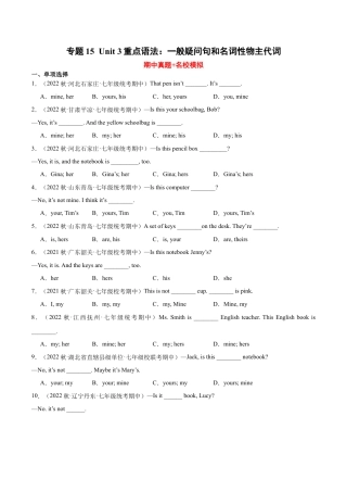 Unit 3重点语法：一般疑问句和名词性物主代词-七年级英语上学期期中复习查缺补漏冲刺满分（人教版）.docx