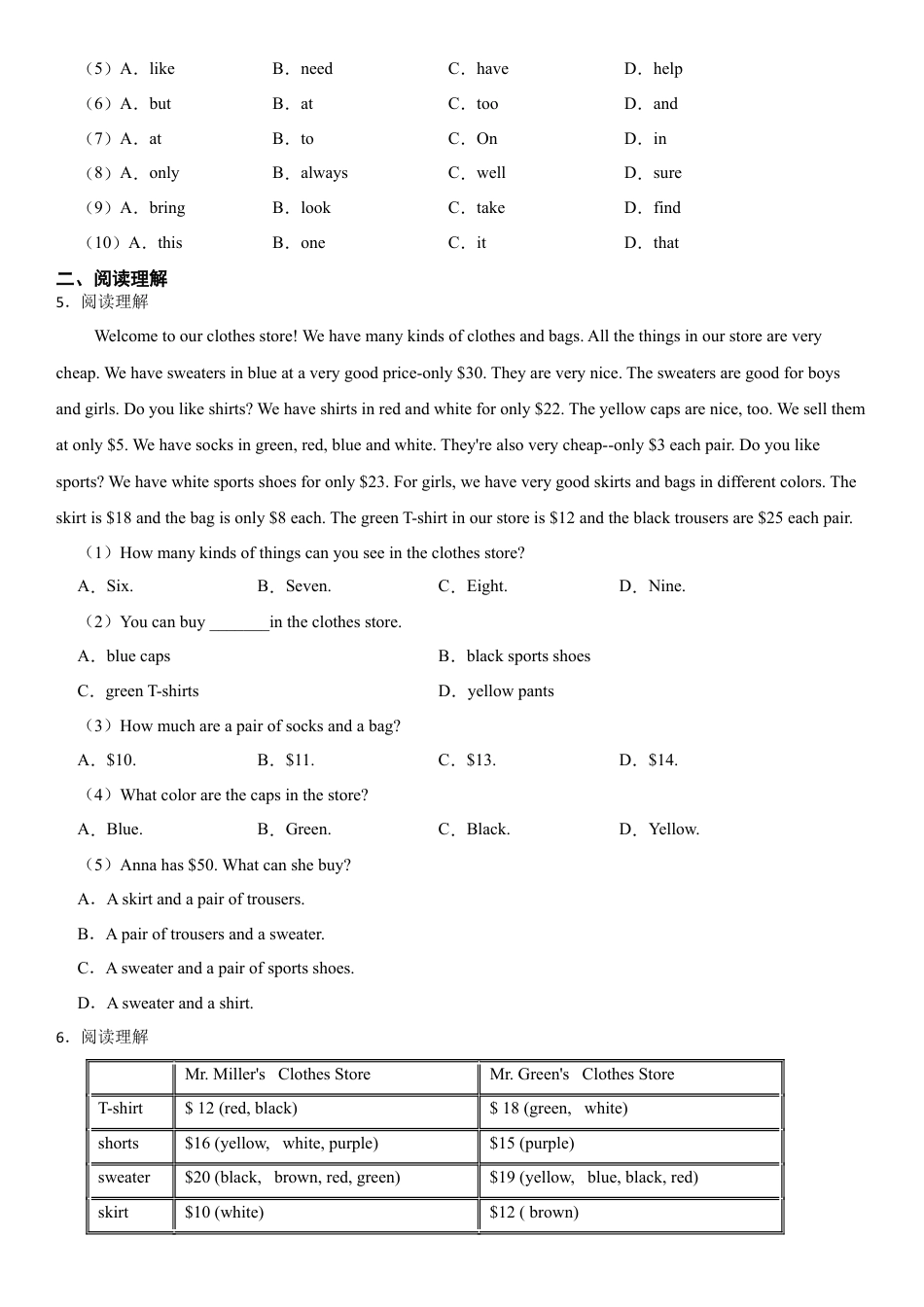 七年级上册-英语单元阅读重点训练  第七单元阅读练习（试卷）.docx_第3页