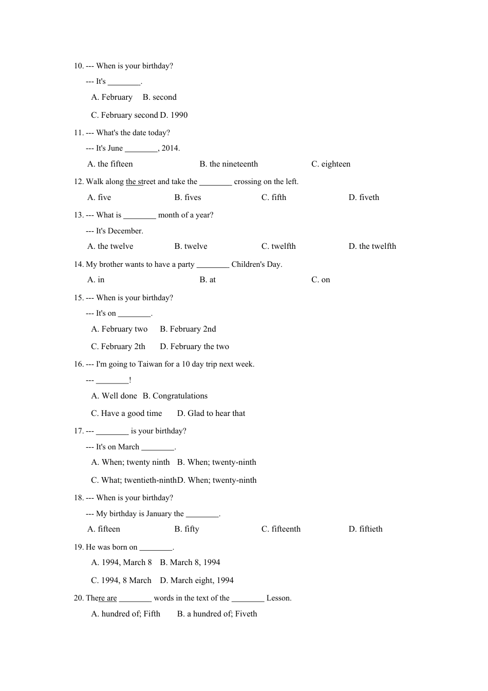 七年级英语人教版上册《Unit 8 When is your birthday》同步练习含答案.docx_第2页