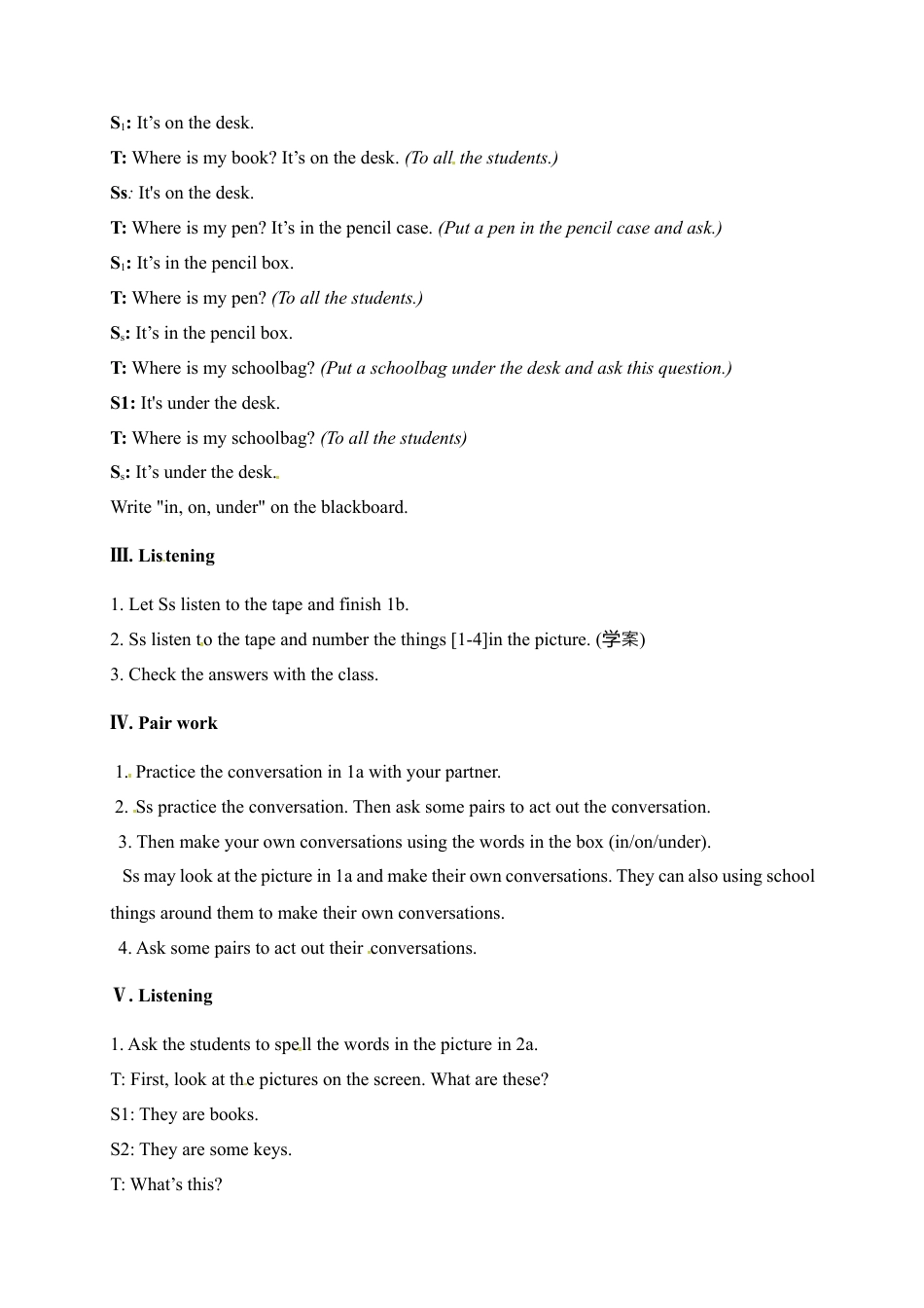 人教版七年级上册英语教案：Unit 4 Where is my schoolbag Section A 1.docx_第3页