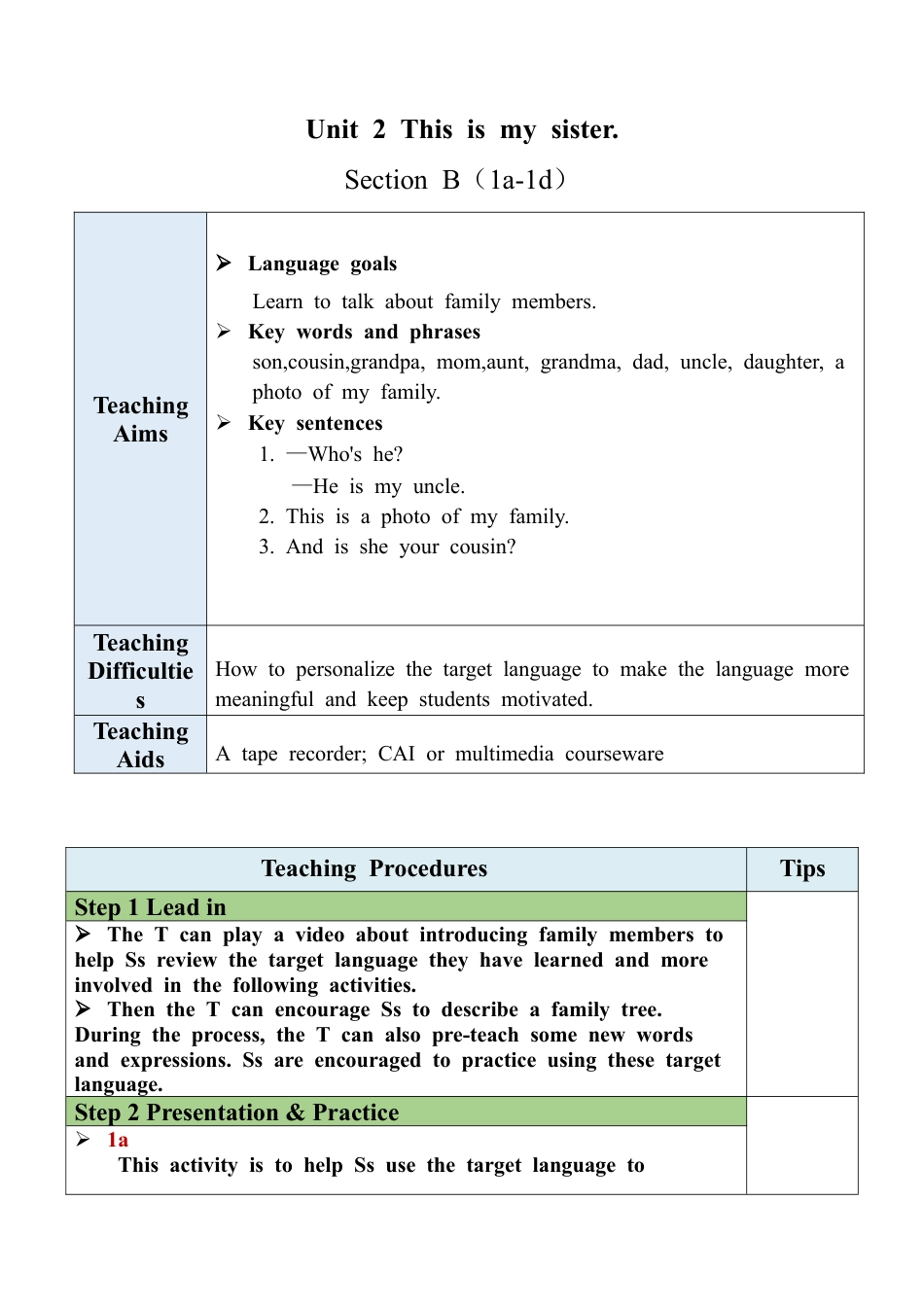 人教七年级上-Unit 2 Section B（1a-1d）教案 .docx_第1页