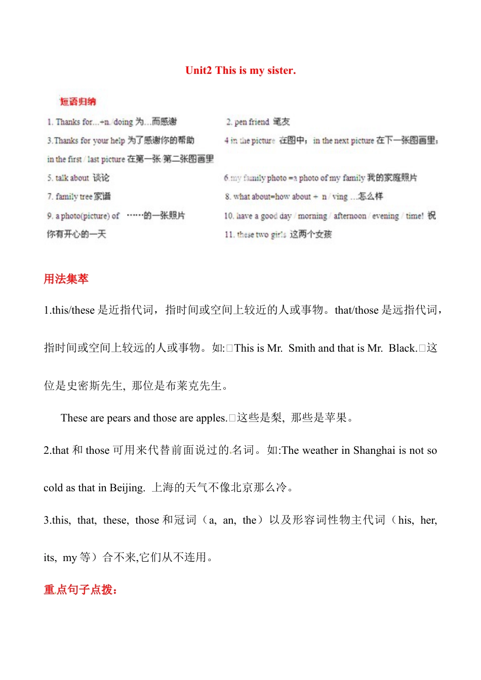 人教七年级上-Unit 2 This is my sister 基础知识手册.docx_第1页