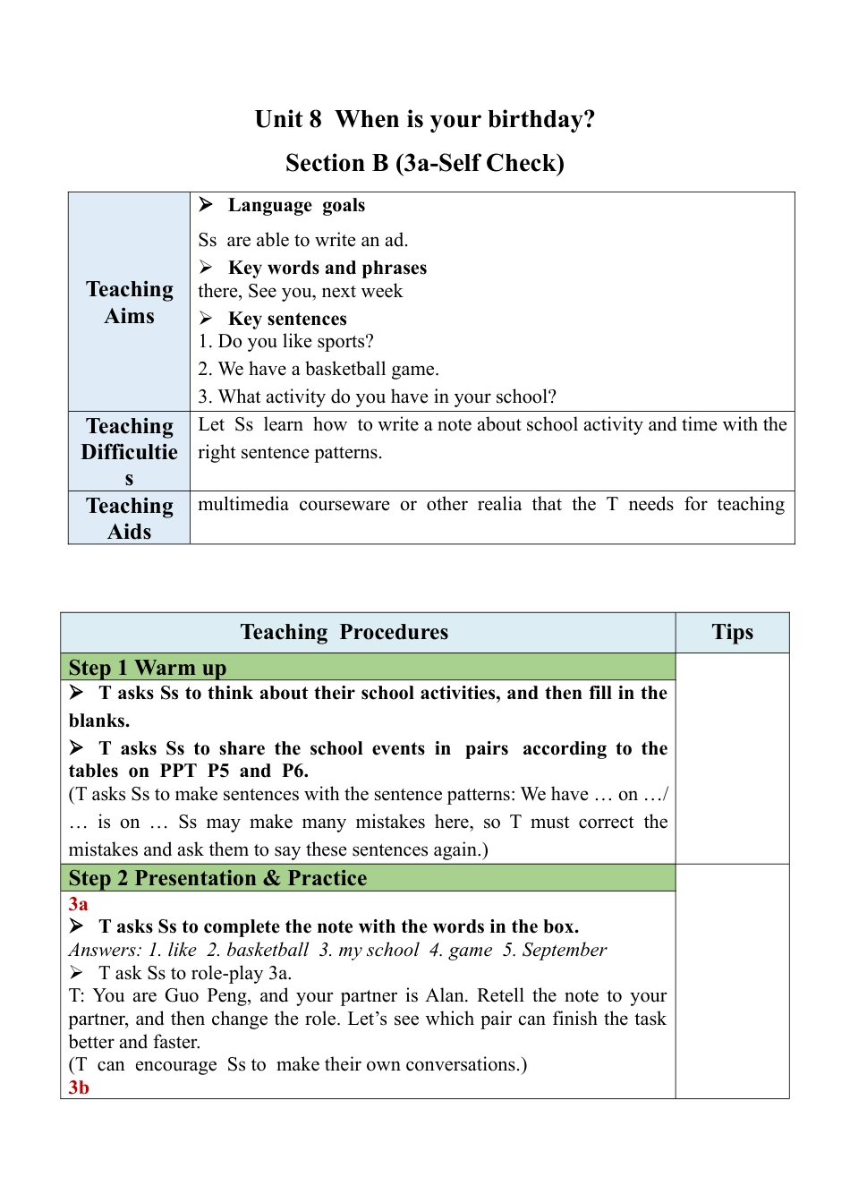 人教七年级上-Unit 8 Section B (3a-Self Check).docx_第1页