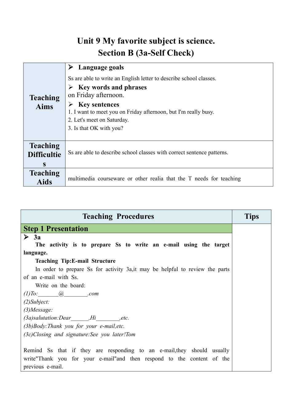 人教七年级上-Unit 9 Section B（3a-Self Check）教案.docx_第1页