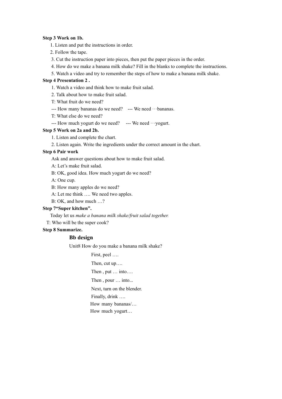 人教版八上Unit 8 How do you make a banana milk shake 全单元教案  （5课时）.docx_第2页