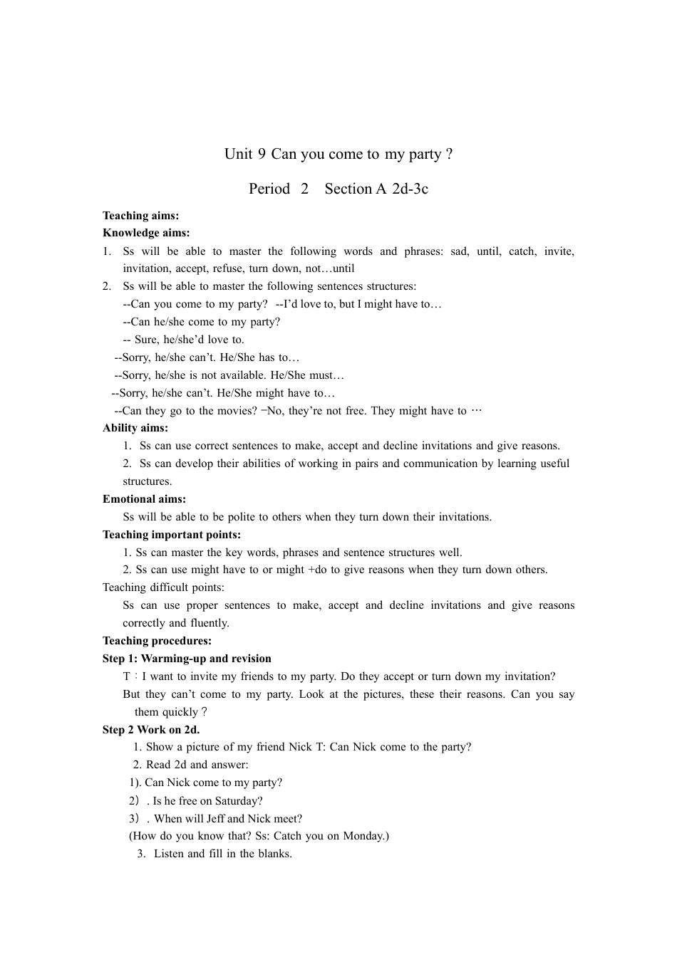 人教版八上unit 9 Can you come to my party 全单元教案  （5课时）.docx_第3页