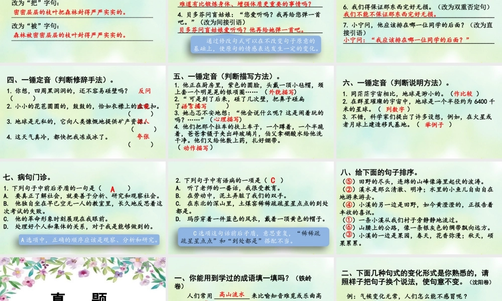 新版部编版语文六年级上册专项3：句子复习课件.pptx