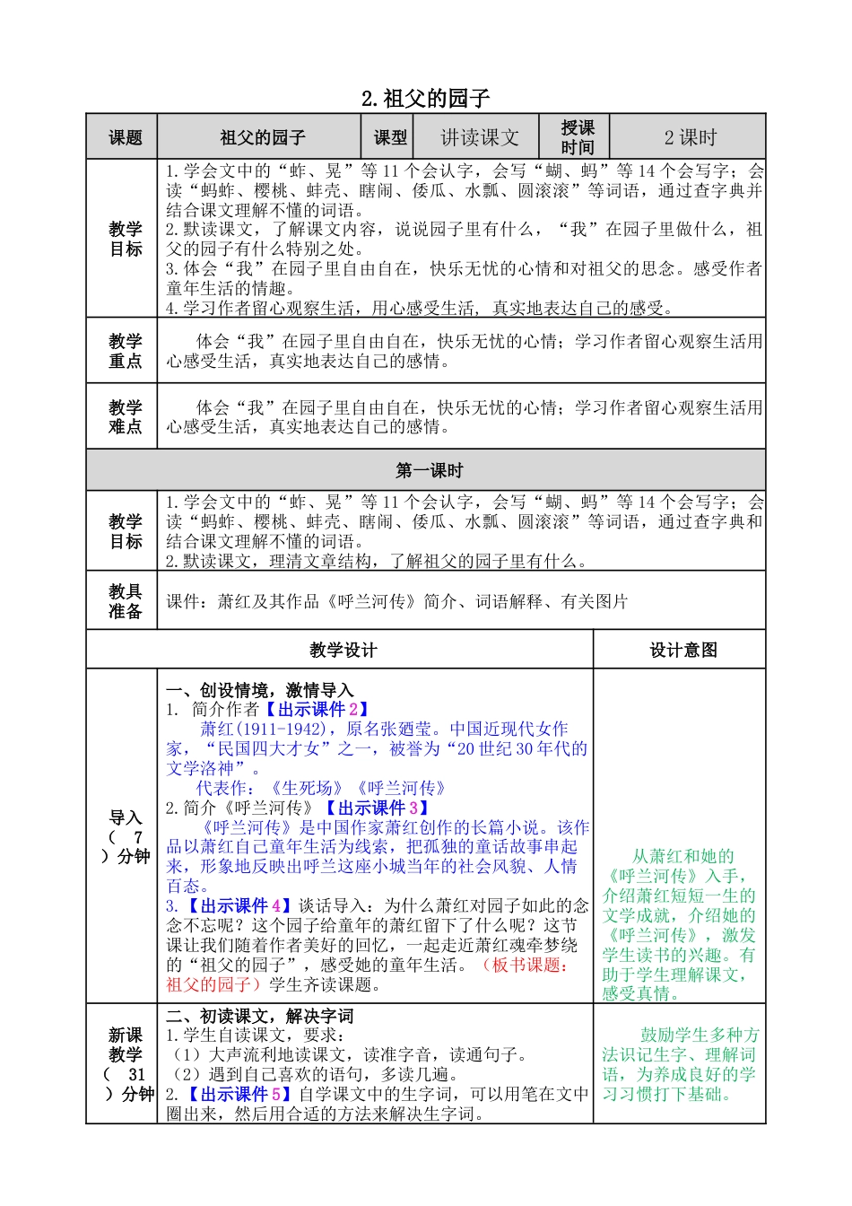 五年下册教案-2 祖父的园子 教案（表格式，含教学反思、课后作业及答案）.docx_第1页