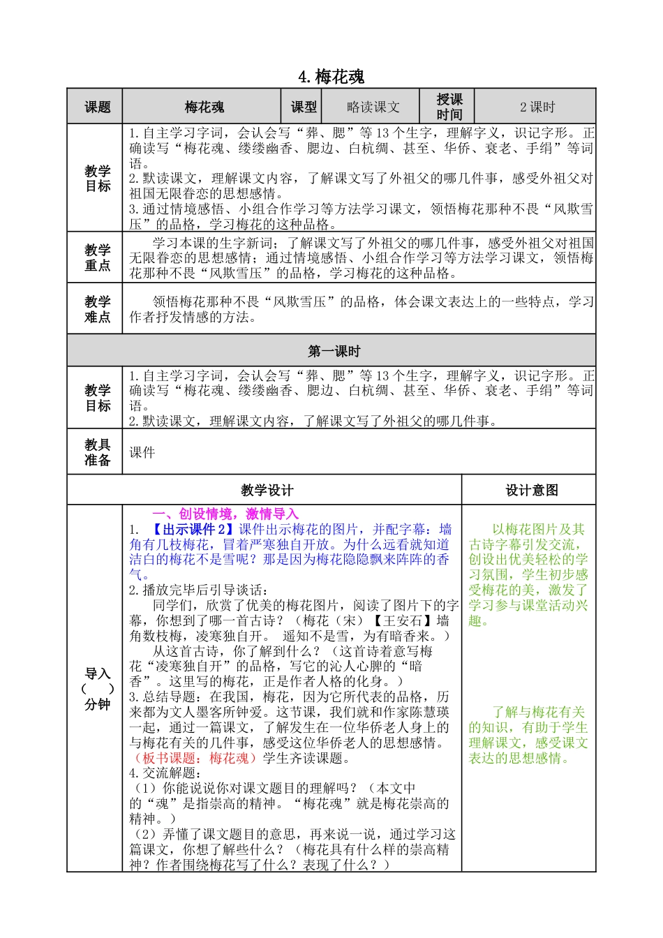 五年下册教案-4 梅花魂 教案（表格式，含教学反思、课后作业及答案）.docx_第1页