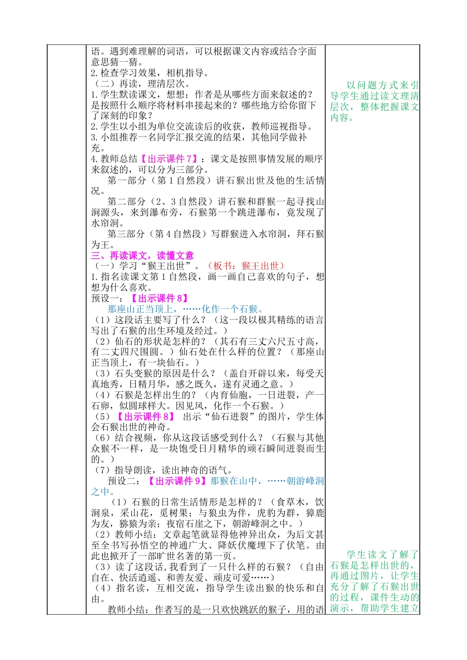 五年下册教案-7 猴王出世 教案（表格式，含教学反思、课后作业及答案）.docx_第2页