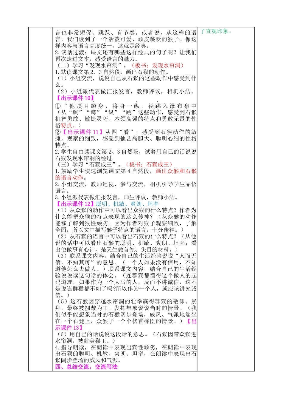 五年下册教案-7 猴王出世 教案（表格式，含教学反思、课后作业及答案）.docx_第3页