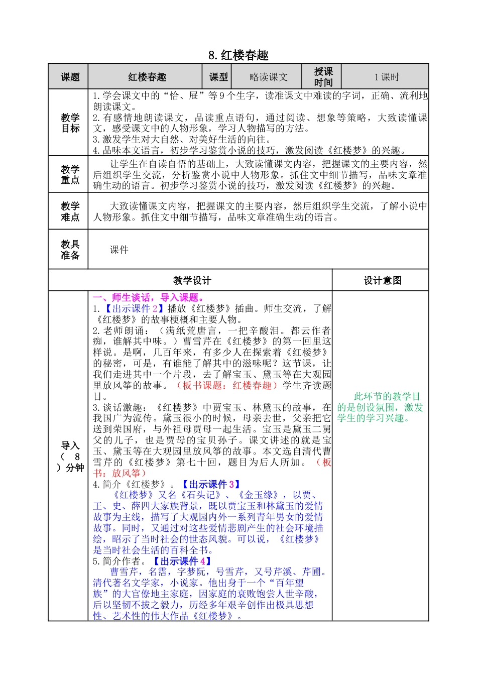五年下册教案-8 红楼春趣 教案（表格式，含教学反思、课后作业及答案）.docx_第1页