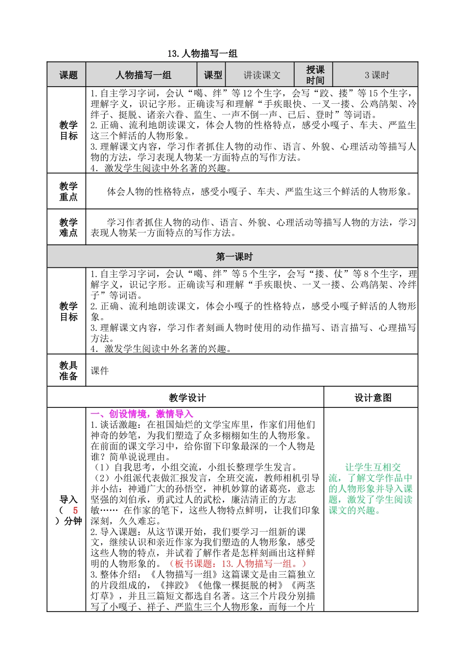 五年下册教案-13 人物描写一组 教案（表格式，含教学反思、课后作业及答案）.docx_第1页