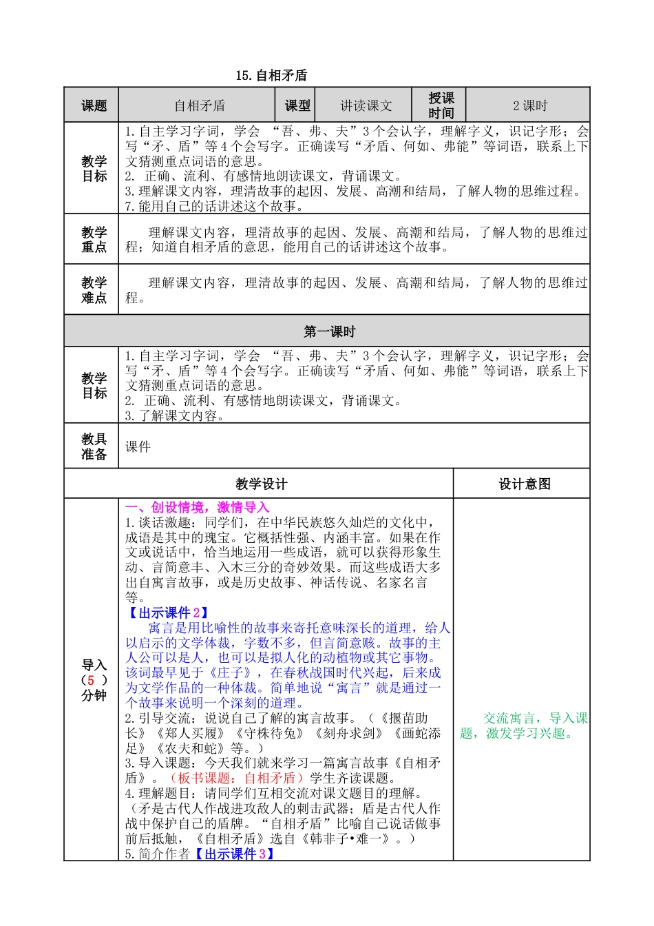 五年下册教案-15 自相矛盾 教案（表格式，含教学反思、课后作业及答案）.docx_第1页