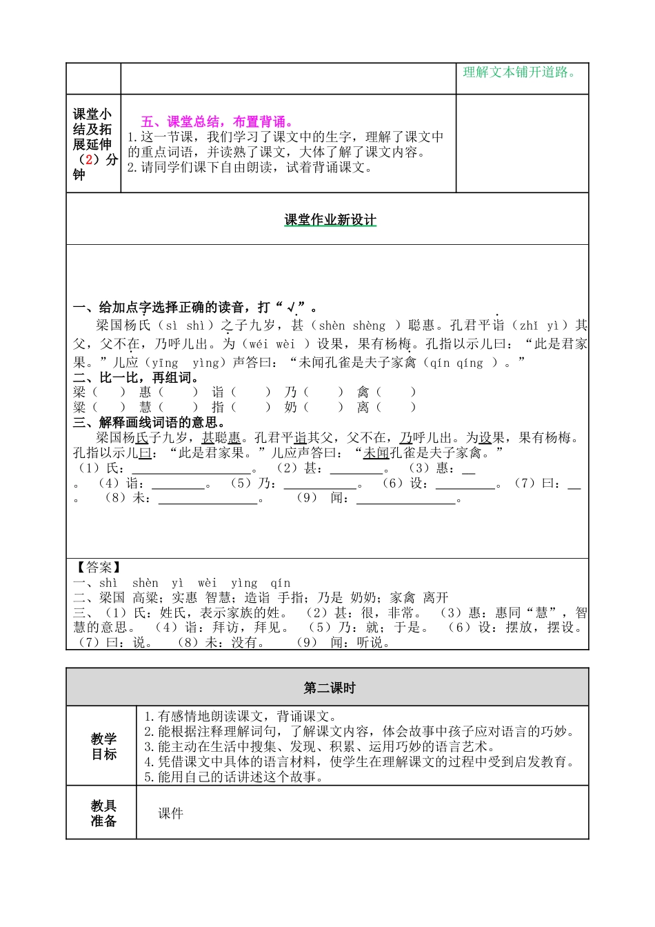 五年下册教案-21 杨氏之子 教案（表格式，含教学反思、课后作业及答案）.docx_第3页