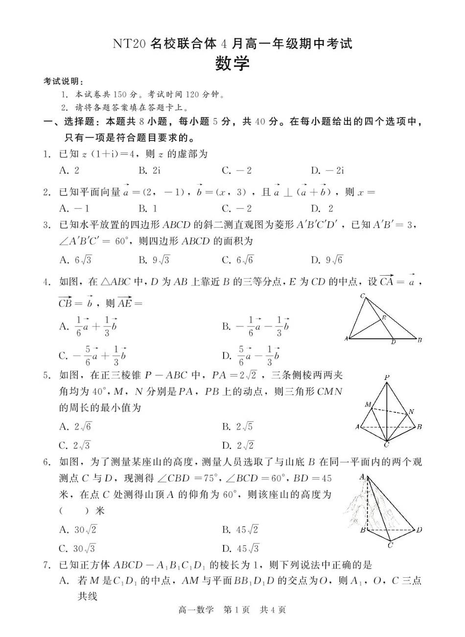 河北省NT20名校联合体2024-2025学年高一下学期4月期中考试 数学 PDF版含解析.pdf_第1页