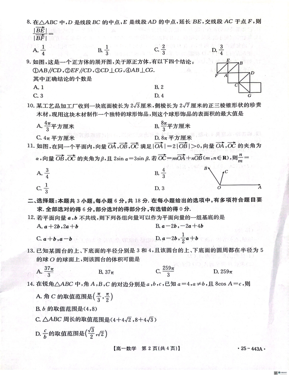 河北省邢台市2024-2025学年高一下学期质检联盟期中考试数学试题.pdf_第2页