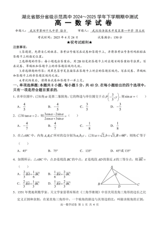 湖北省部分省级示范高中2024～2025学年下学期高一期中测试数学试卷.pdf