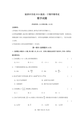 四川省遂宁市射洪中学2024-2025学年高一下学期期中考试数学试题（PDF版，含答案）_数学试题.pdf