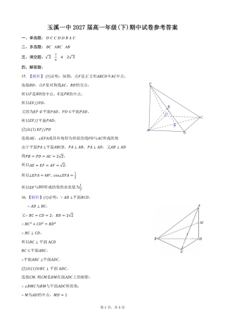 云南省玉溪市一中2024-2025学年高一下学期期中考试  数学  PDF版含答案（可编辑）_高一年级期中数学答案.pdf