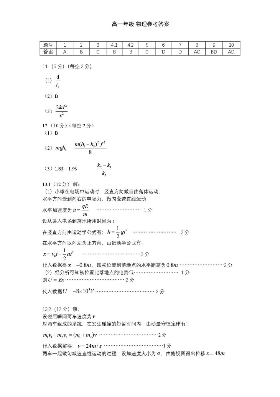 湖北省重点高中智学联盟2024-2025学年高一下学期5月联考物理试题（图片版，含答案）_高一年级物理试题答案【公布版】(1).pdf_第1页