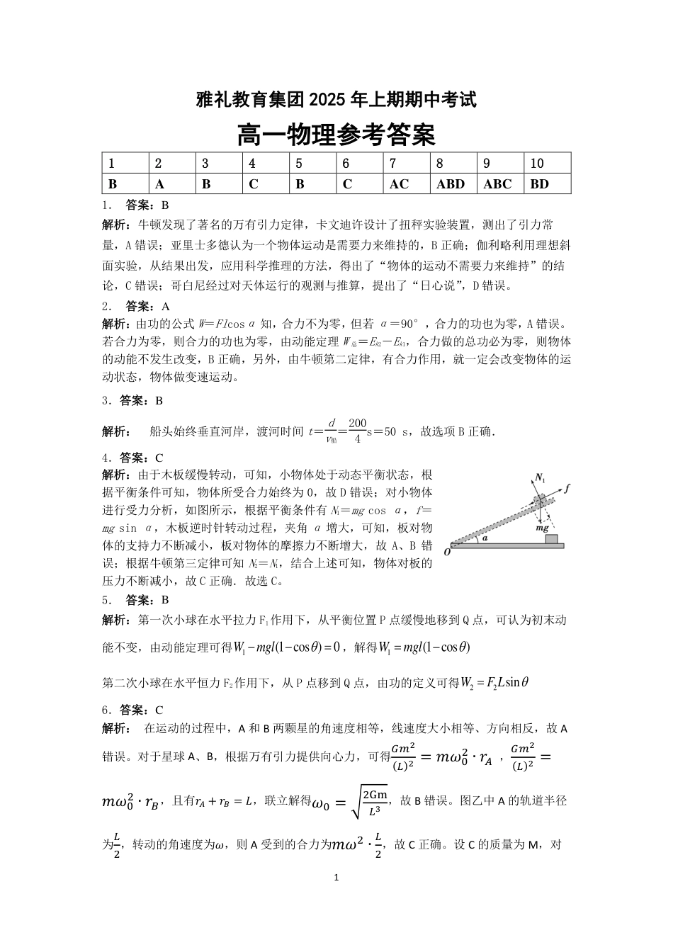 湖南省长沙市雅礼集团八校2024-2025学年高一下学期4月期中联考物理试题 Word版含解析_25年上期期中高一4物理 答案.pdf_第1页