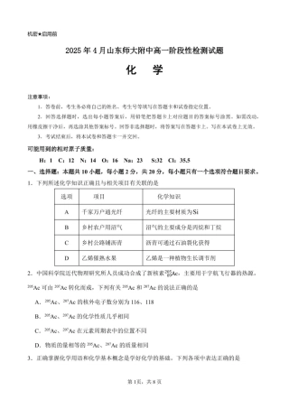 山东师范大学附属中学2024-2025学年高一下学期期中考试化学试题.pdf