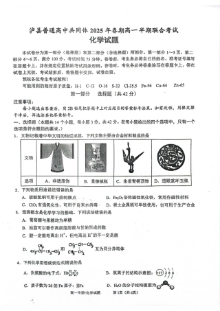 泸县普通高中共同体2025年春期高一半期联合考试化学试题 泸县普通高中共同体2025年春期高一半期联合考试化学试题.pdf