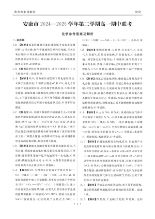 陕西省安康市2024-2025学年高一下学期4月期中考试化学试题参考答案.pdf