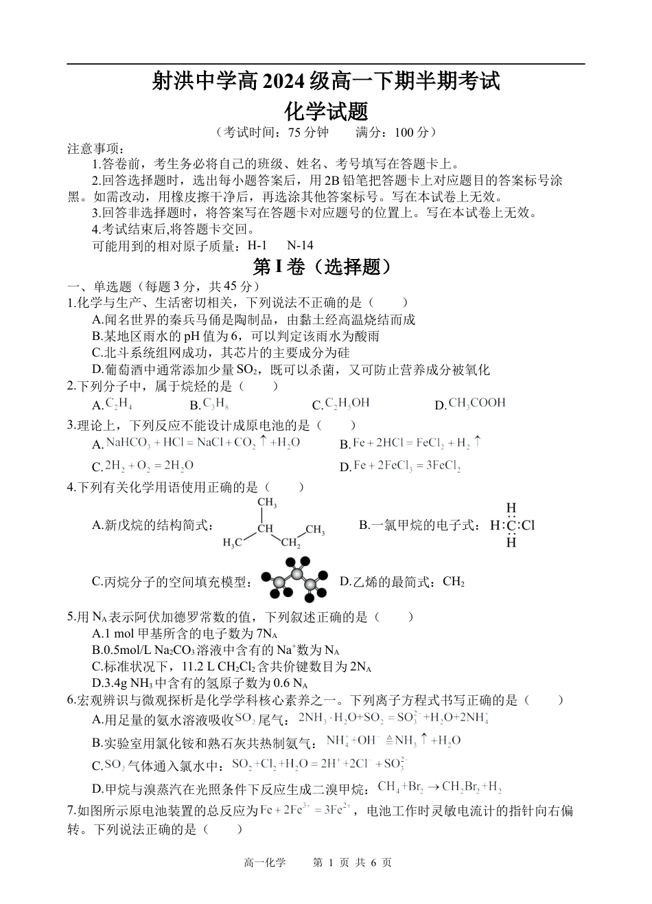 四川省遂宁市射洪中学2024-2025学年高一下学期期中考试化学试题（含答案）_化学试题.docx_第1页