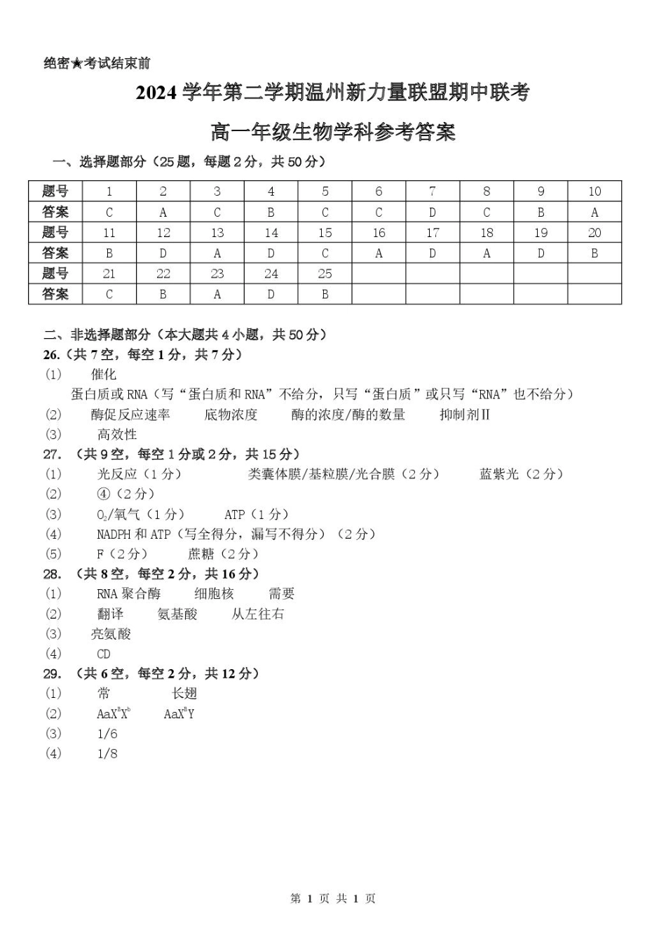 浙江省温州新力量联盟2024-2025学年高一下学期4月期中联考生物答案（图片版）.pdf_第1页