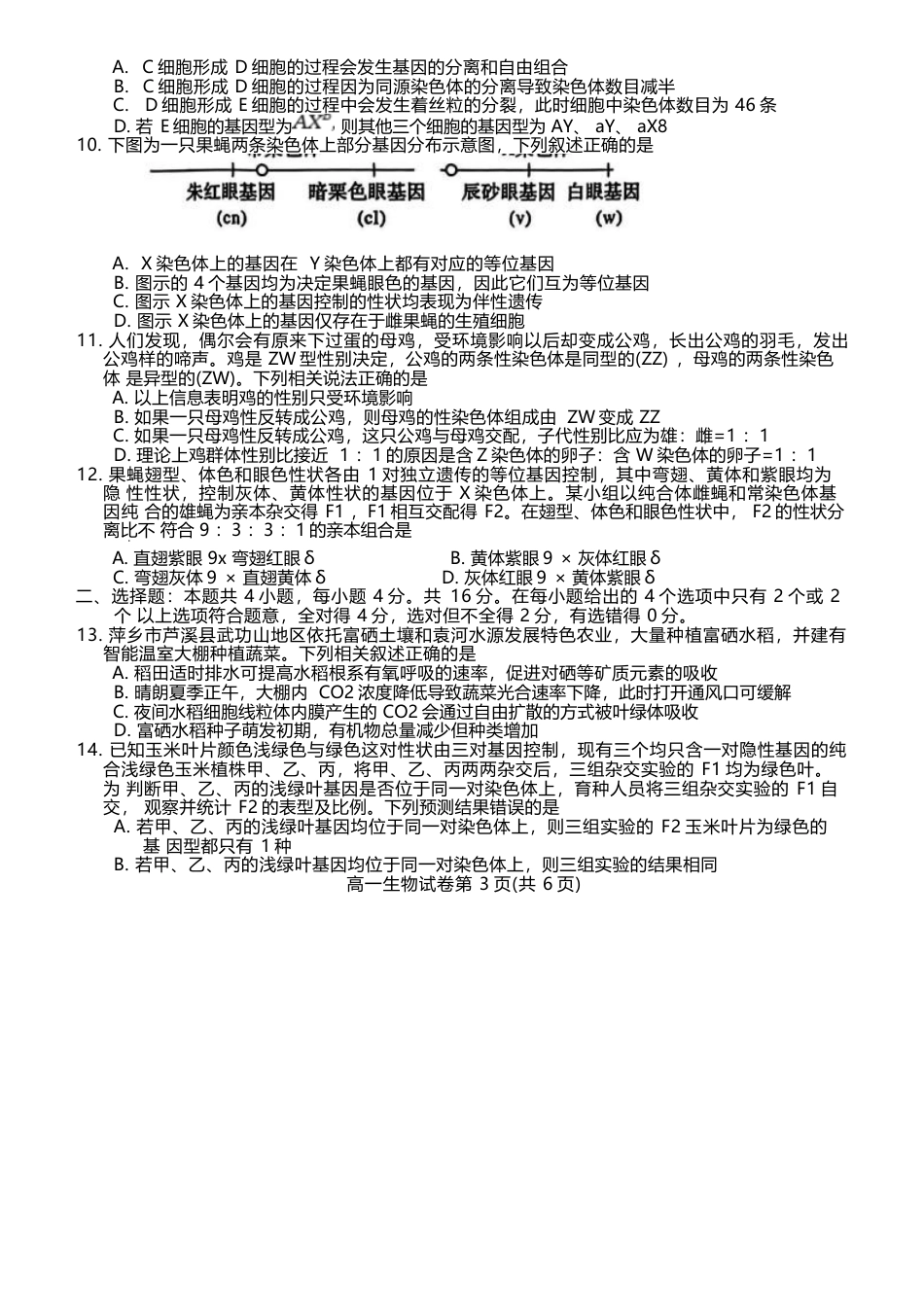 江西省萍乡市2024-2025学年高一下学期4月期中考试 生物 Word版含答案.docx_第3页