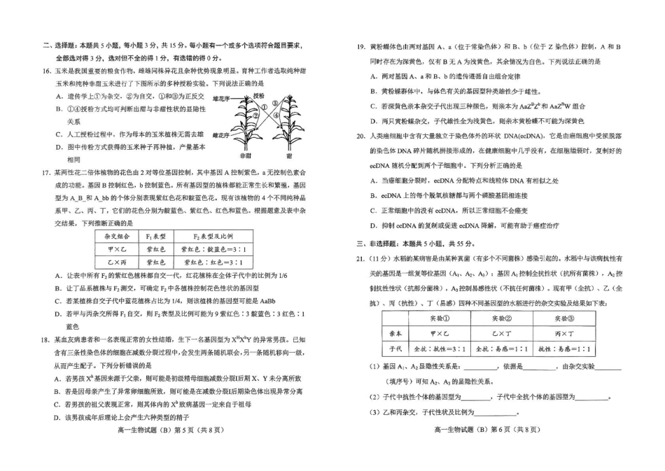 山东省菏泽市2024-2025学年高一下学期4月期中考试 生物（B）PDF版含答案.pdf_第3页