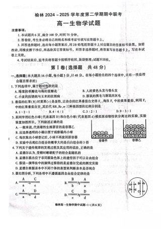 陕西省榆林市2024-2025学年高一下学期期中联考试题 生物 PDF版含答案.pdf