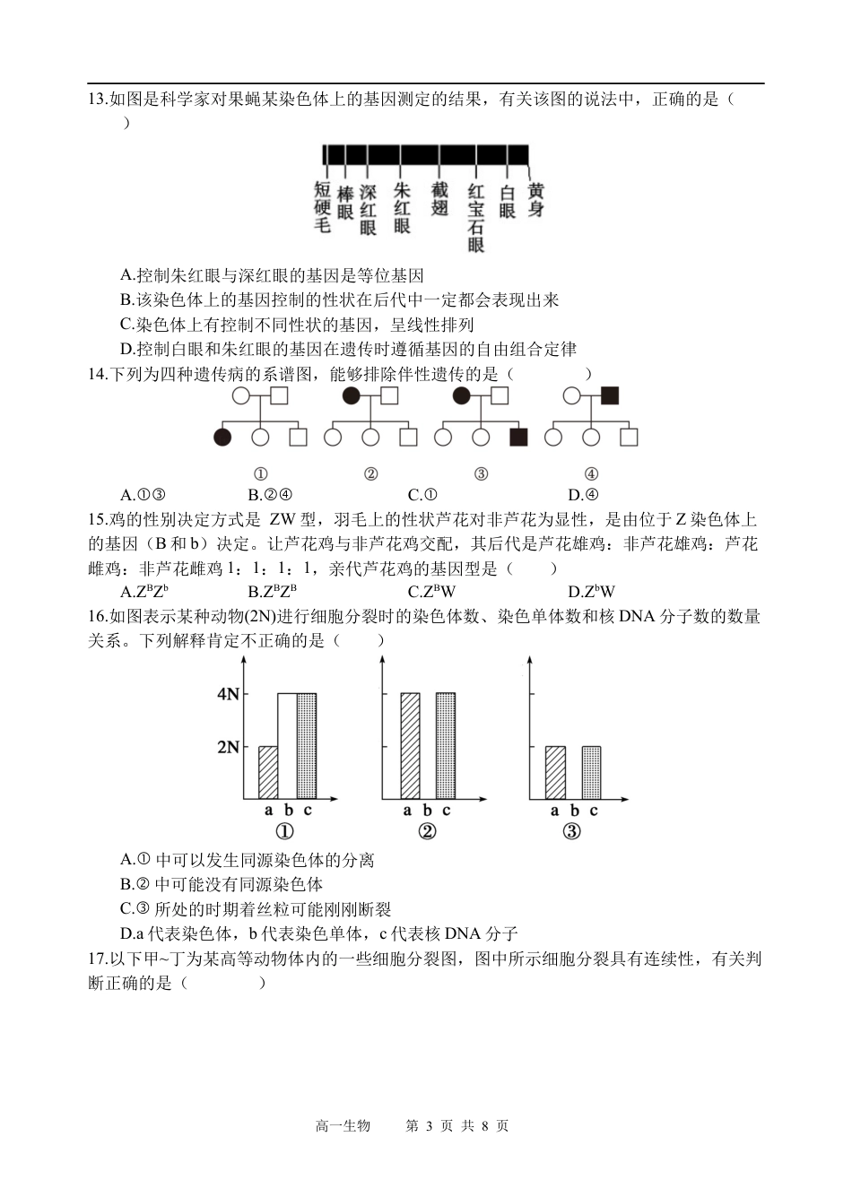 四川省遂宁市射洪中学2024-2025学年高一下学期期中考试生物试题（含答案）_生物试题.docx_第3页