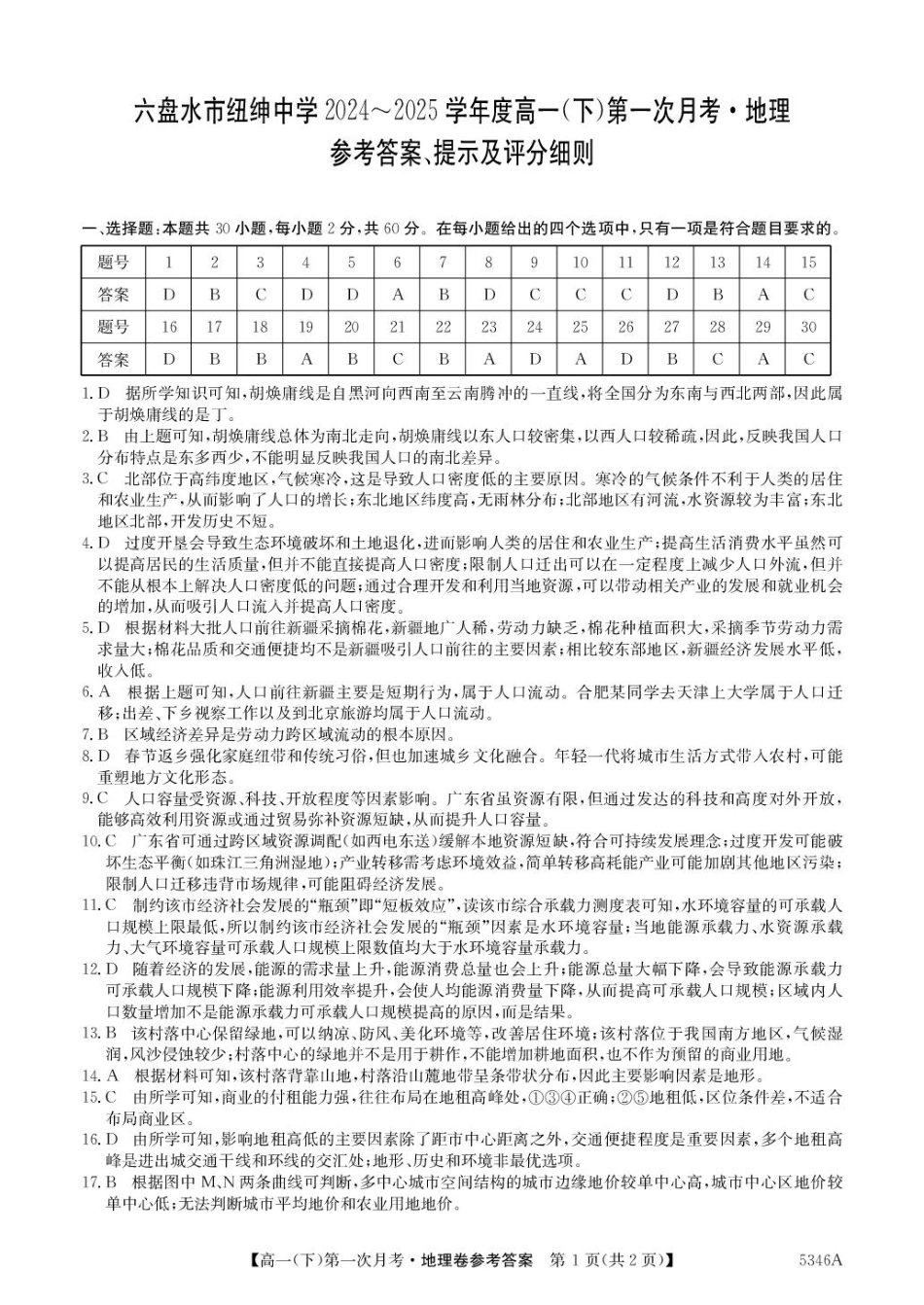 贵州省六盘水市纽绅中学2024-2025学年高一下学期4月月考地理试题（PDF版，含答案）_高一地理答案.pdf_第1页