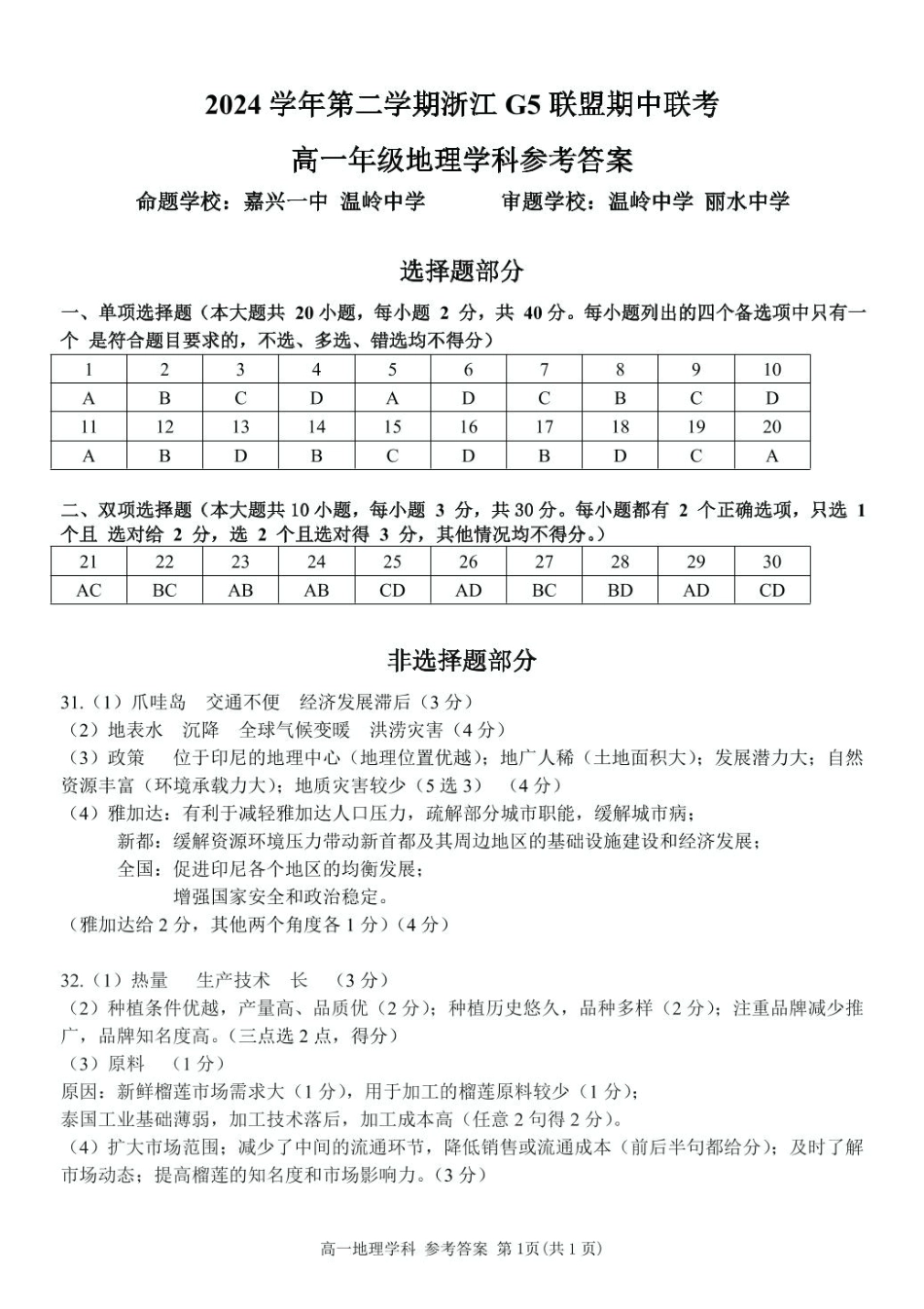 浙江省G5联盟2024-2025学年高一下学期期中考试地理试题（PDF版，含答案）_高一地理参考答案.pdf_第1页