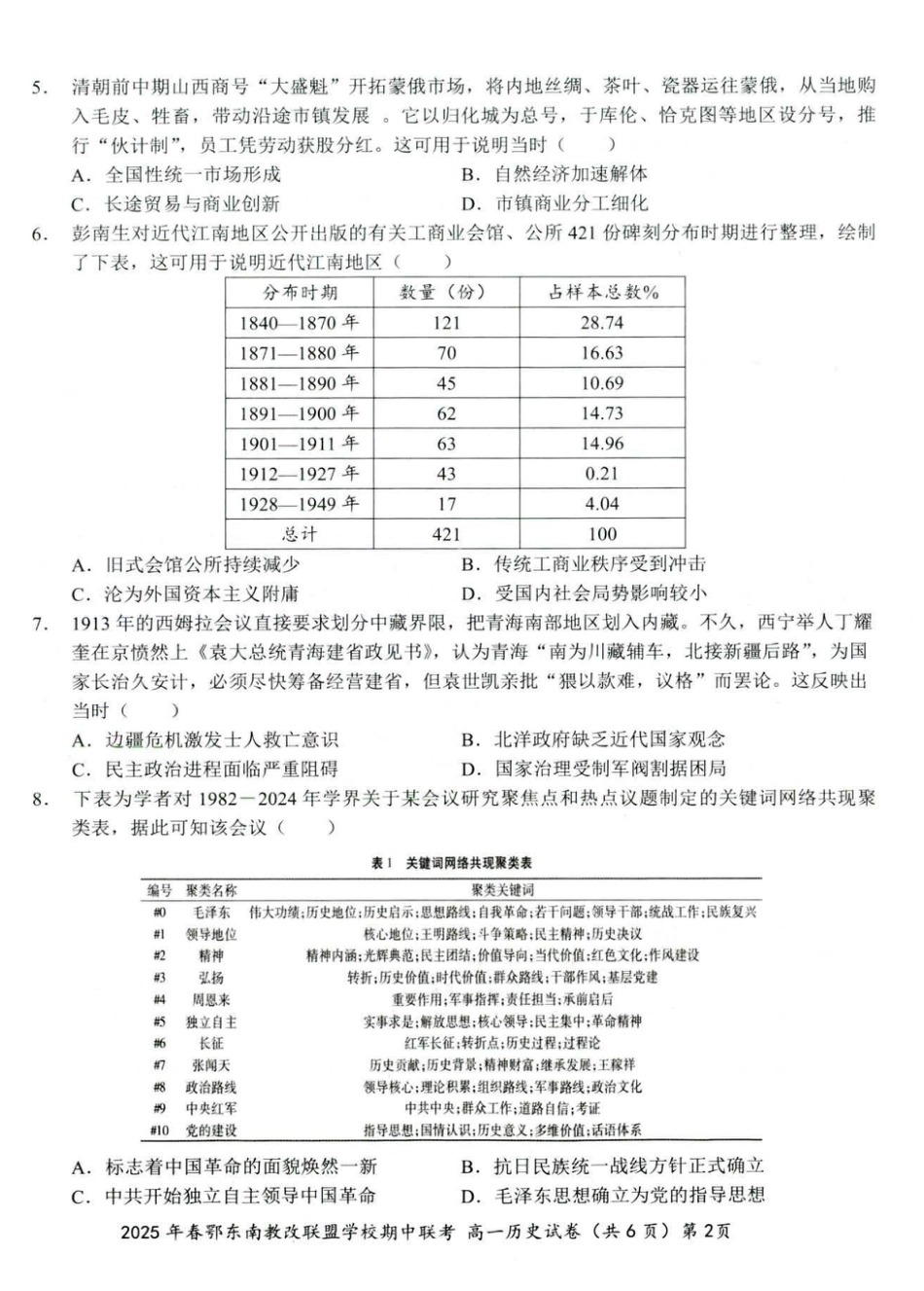 湖北省鄂东南省级示范高中教育教学改革联盟学校2024-2025学年高一下学期期中联考历史试卷（PDF版，含答案）_历史试卷 001.pdf_第2页