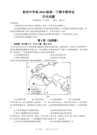 四川省遂宁市射洪中学2024-2025学年高一下学期期中考试历史试题（含答案）_历史试题.docx