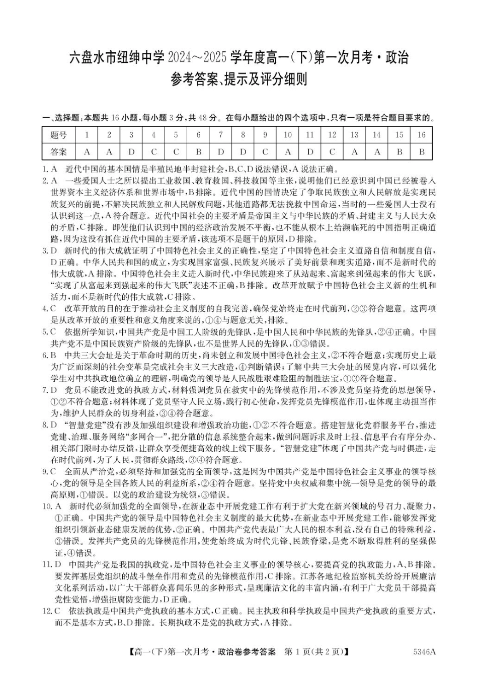 贵州省六盘水市纽绅中学2024-2025学年高一下学期4月月考政治试题（扫描版含解析）_高一政治答案.pdf_第1页